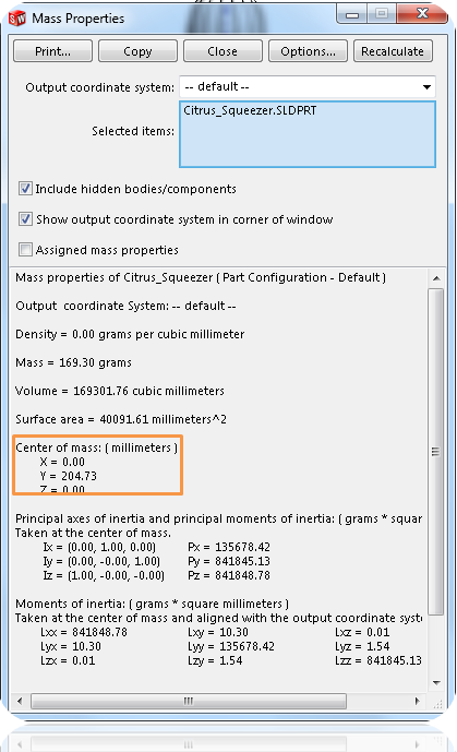 SOLIDWORKS Center of Mass