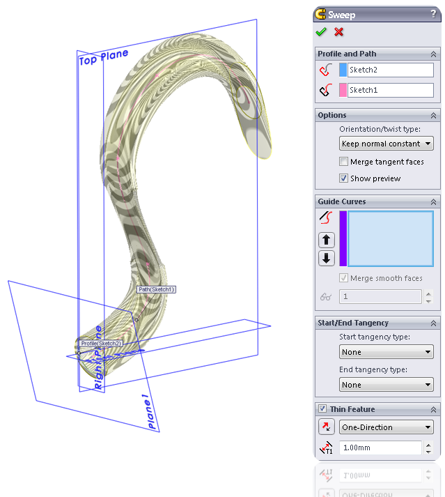 Draw a hollow sweep with the Thin Feature Option