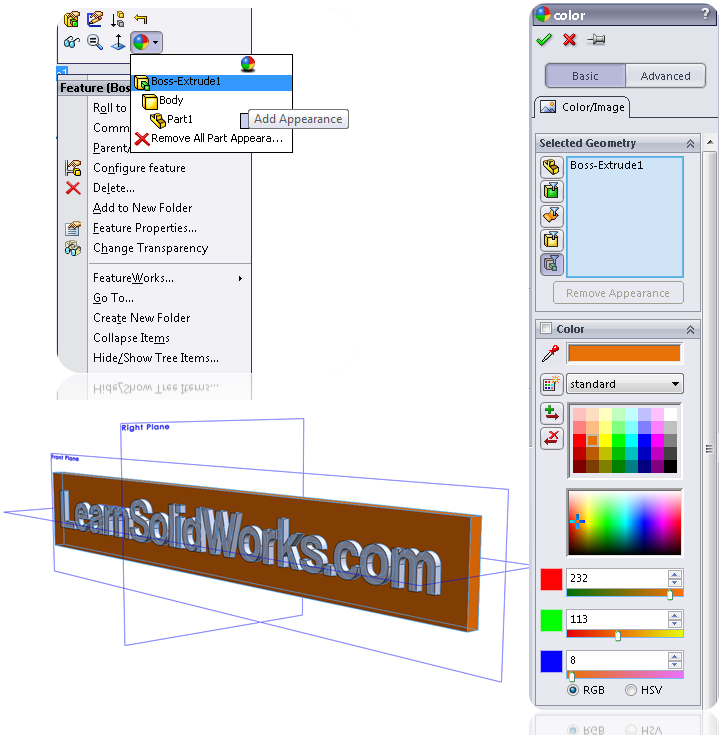 Change feature color in SOLIDWORKS